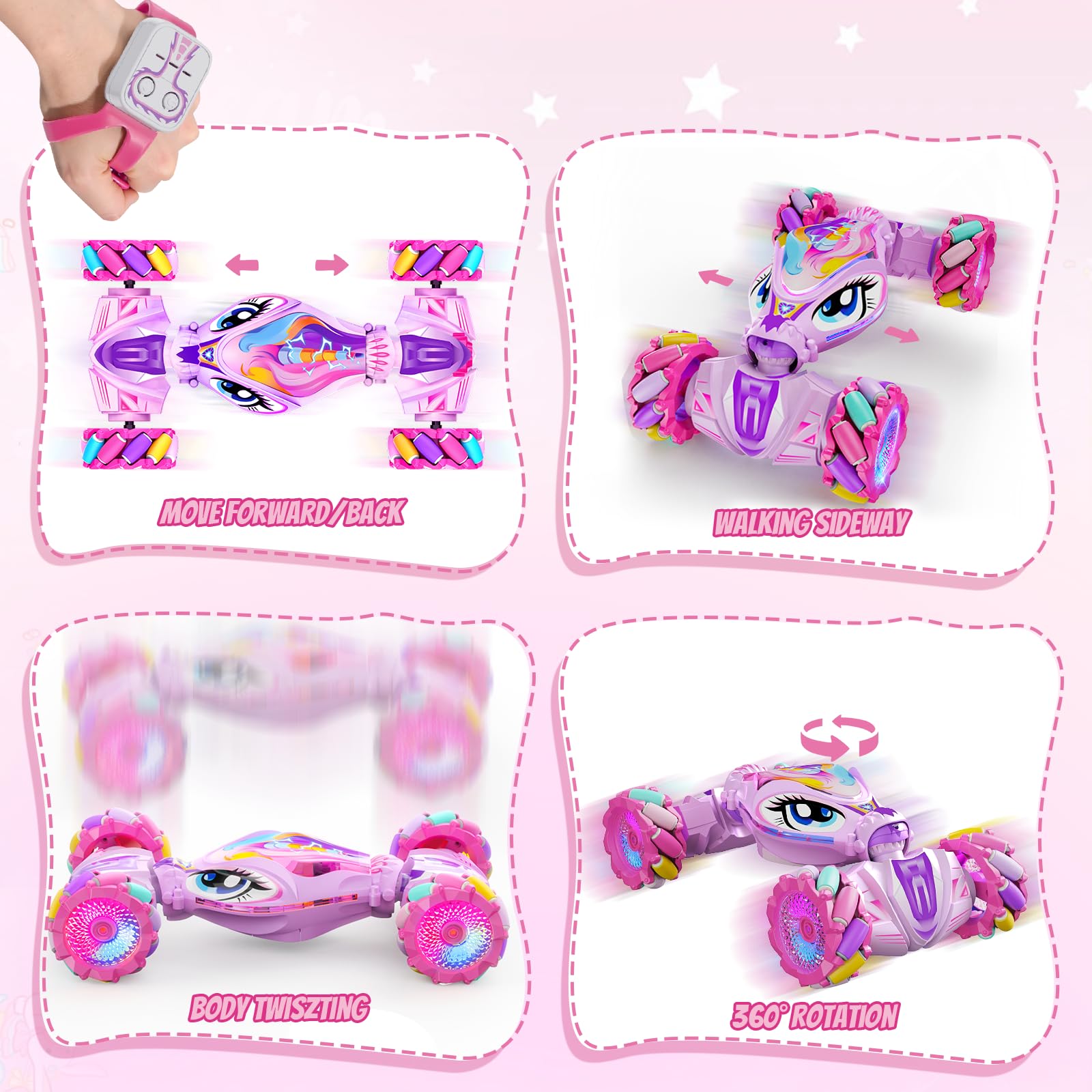 JoySpark unicorn RC car with lights and music enhances play ambiance.