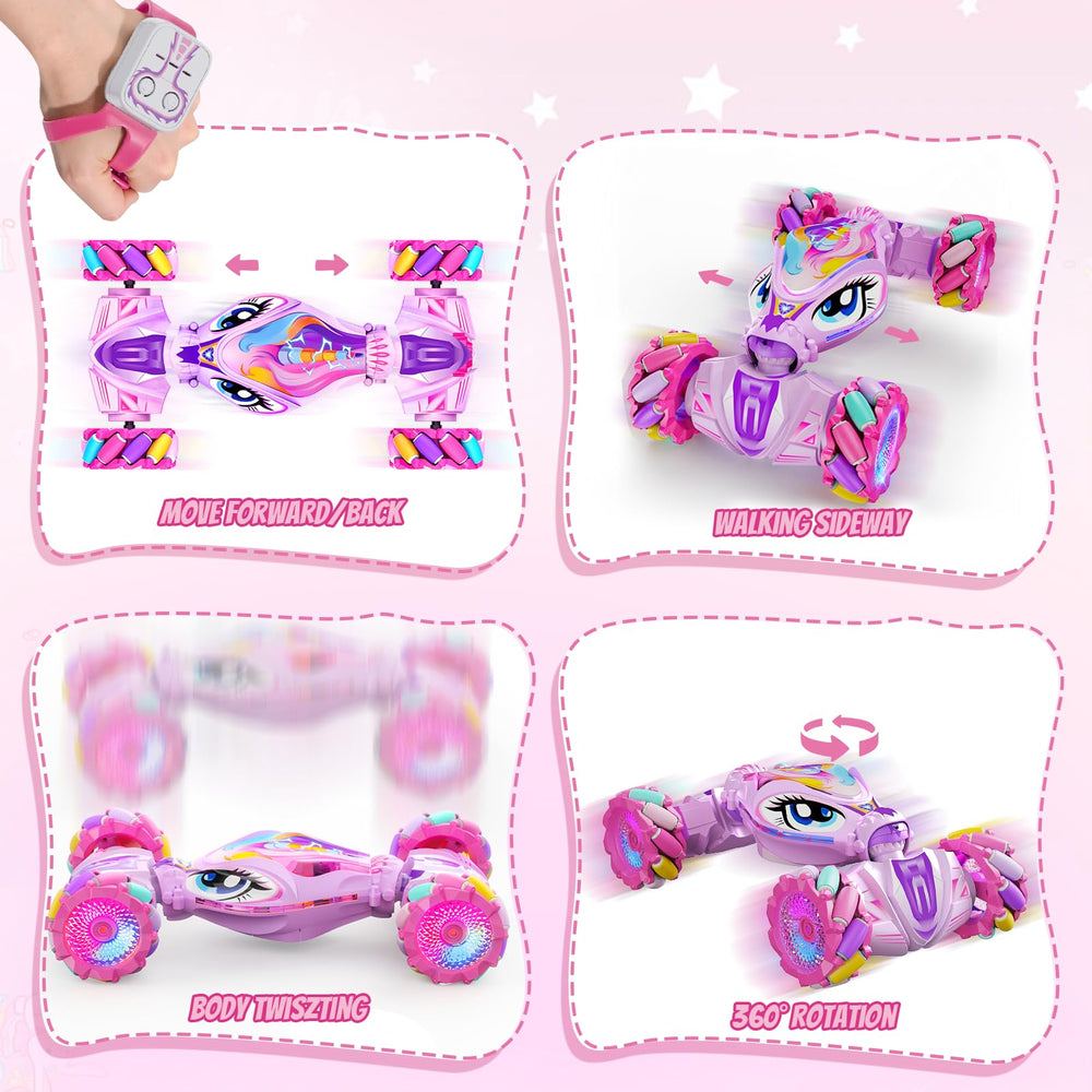 JoySpark unicorn RC car with lights and music enhances play ambiance.