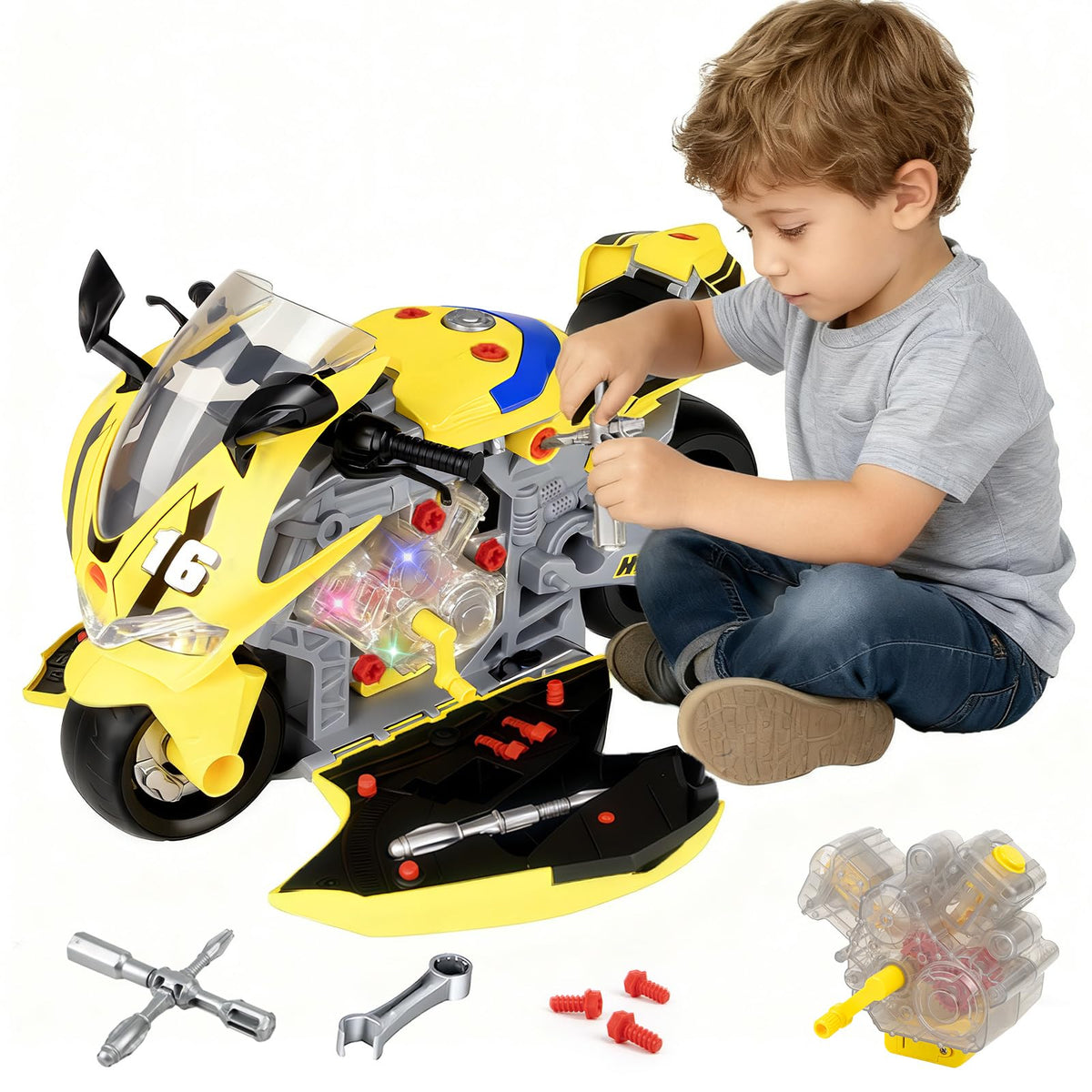 JoySpark Toys take-apart motorcycle kit with modular parts for hands-on learning and play