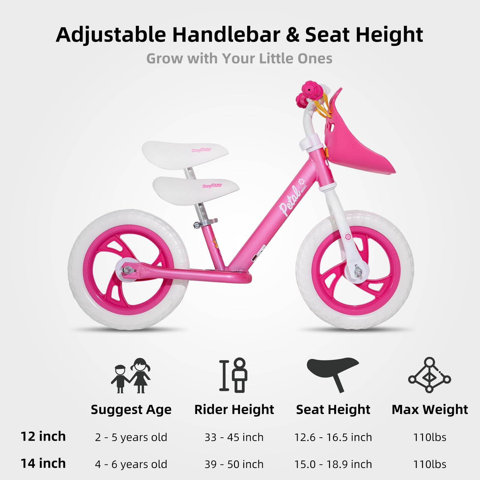 JOYSTAR 12-inch balance bike seat closeup with soft padded saddle.