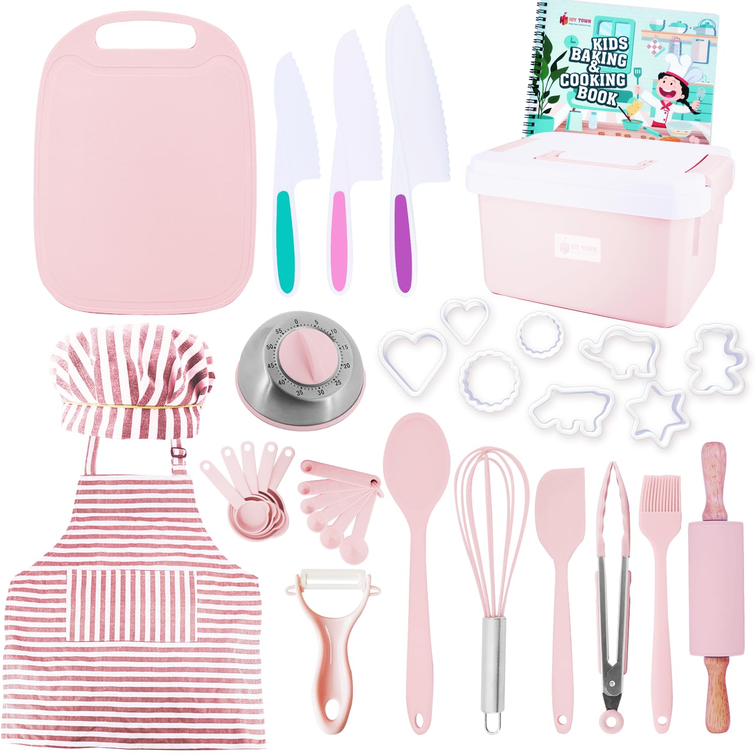 JoyTown pink kids cooking set with storage case for safe hands-on learning.