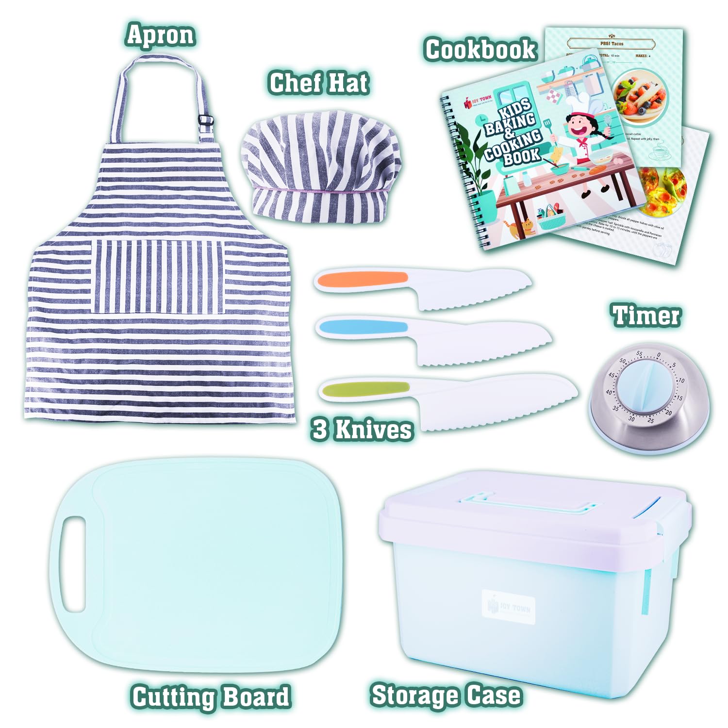 JoyTown kids knives and cutting board designed for safe, hands-on cooking under supervision.