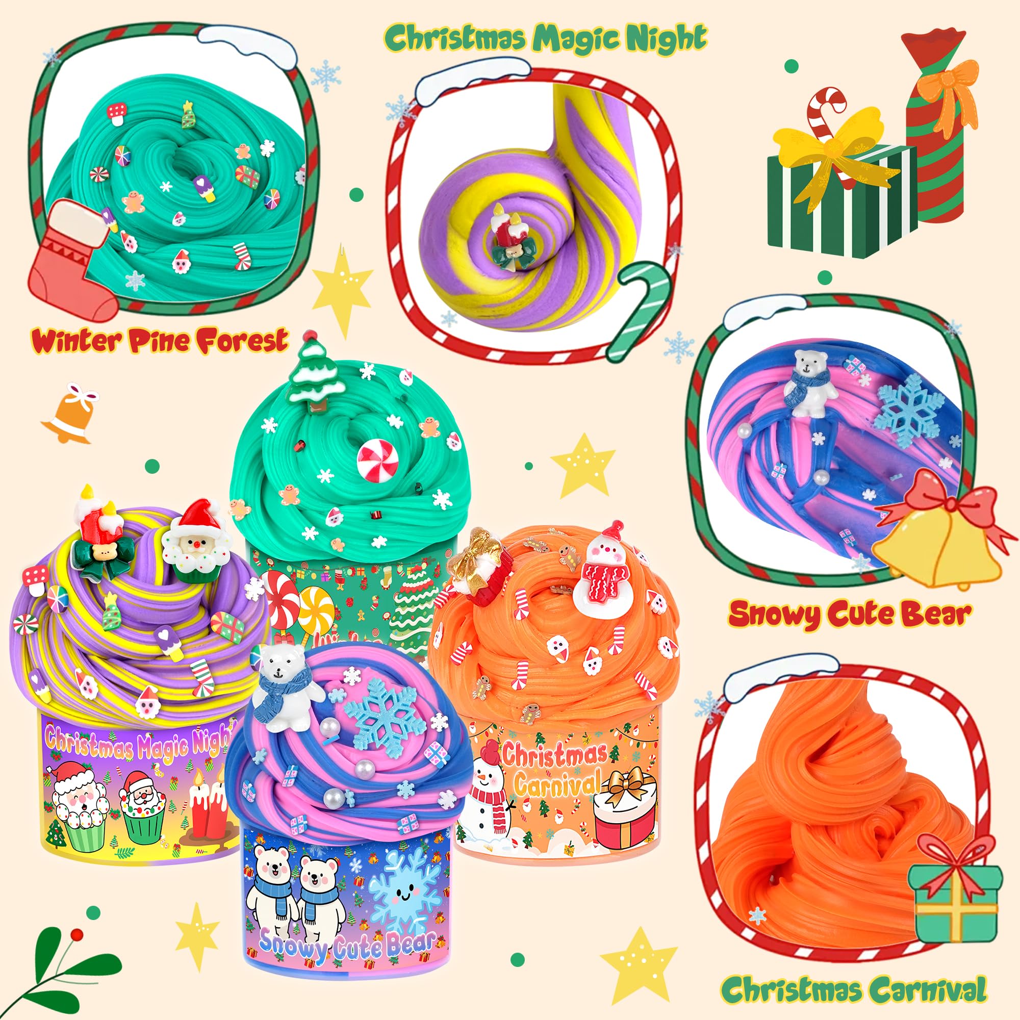 Joytry slime includes polar bear, tree, and snowman add-ins for creative decorating.