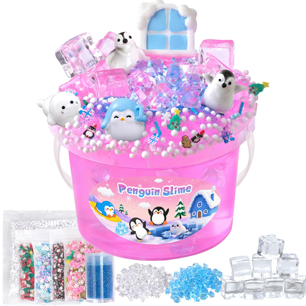 Joytry Penguin Slime Kit pink bucket with charms for creative sensory play.