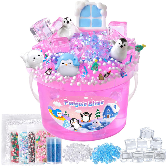 Joytry Penguin Slime Kit pink bucket with charms for creative sensory play.