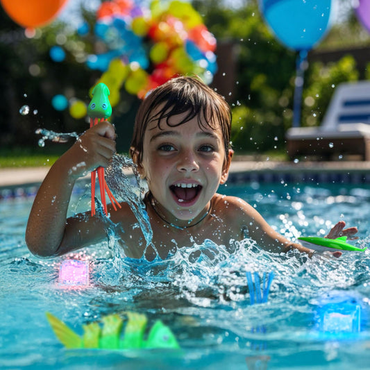 JoyX LED light cubes glow during night swim for colorful underwater play.