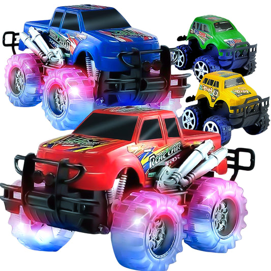 JoyX light-up monster truck blue side view highlighting glowing LEDs for bright play.