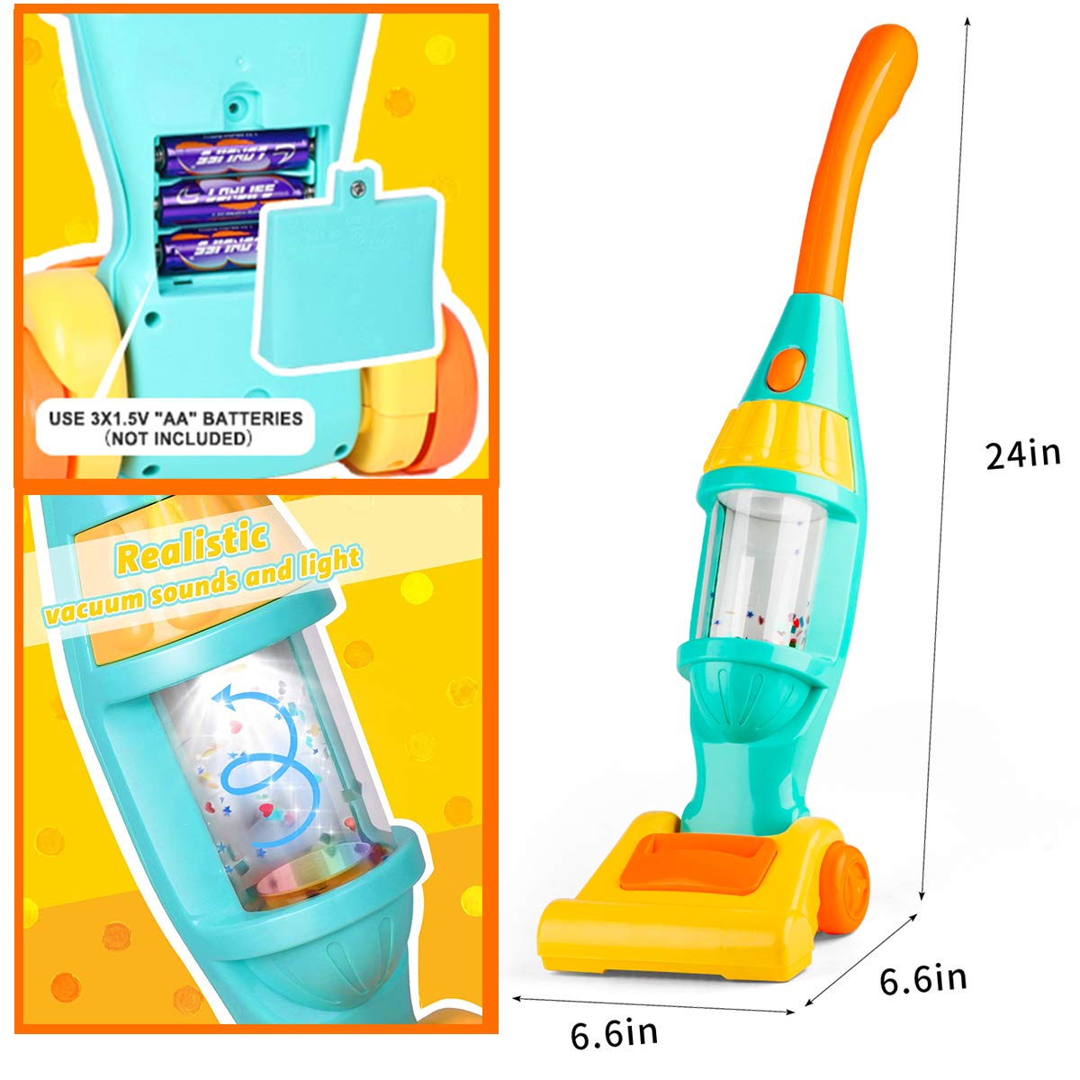 JPSR battery-powered vacuum operates with AA batteries for at-home or classroom play.