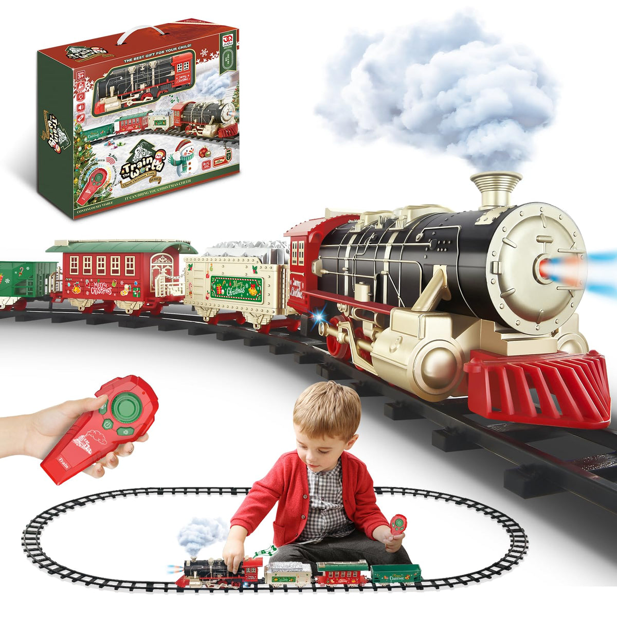 JQ JUQU remote control train locomotive with steam effect enhances imaginative play.