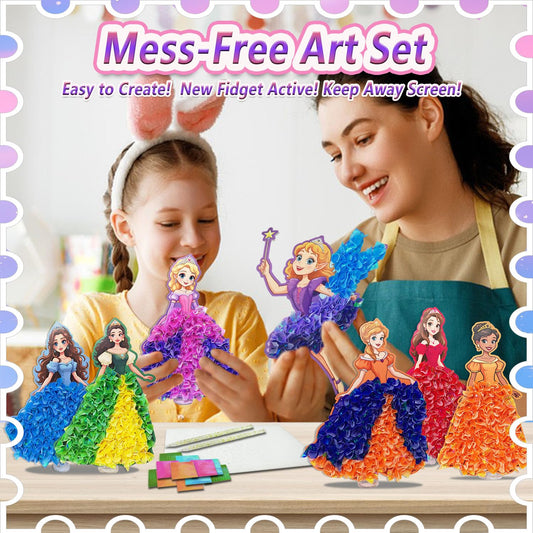 JRD&BS WINL kit contents with fabric squares and six princesses for vibrant gowns