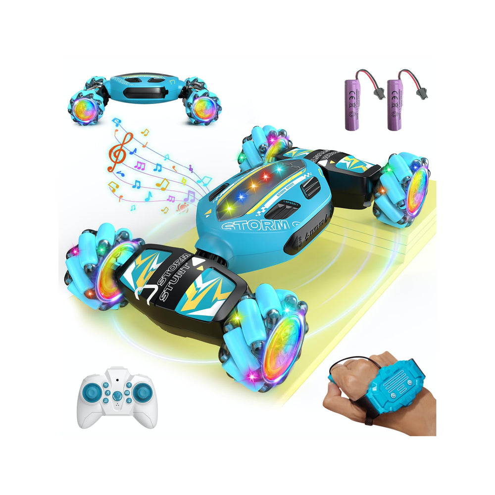 JSDOOGOO gesture sensing RC stunt car sky blue front view with LEDs for indoor fun