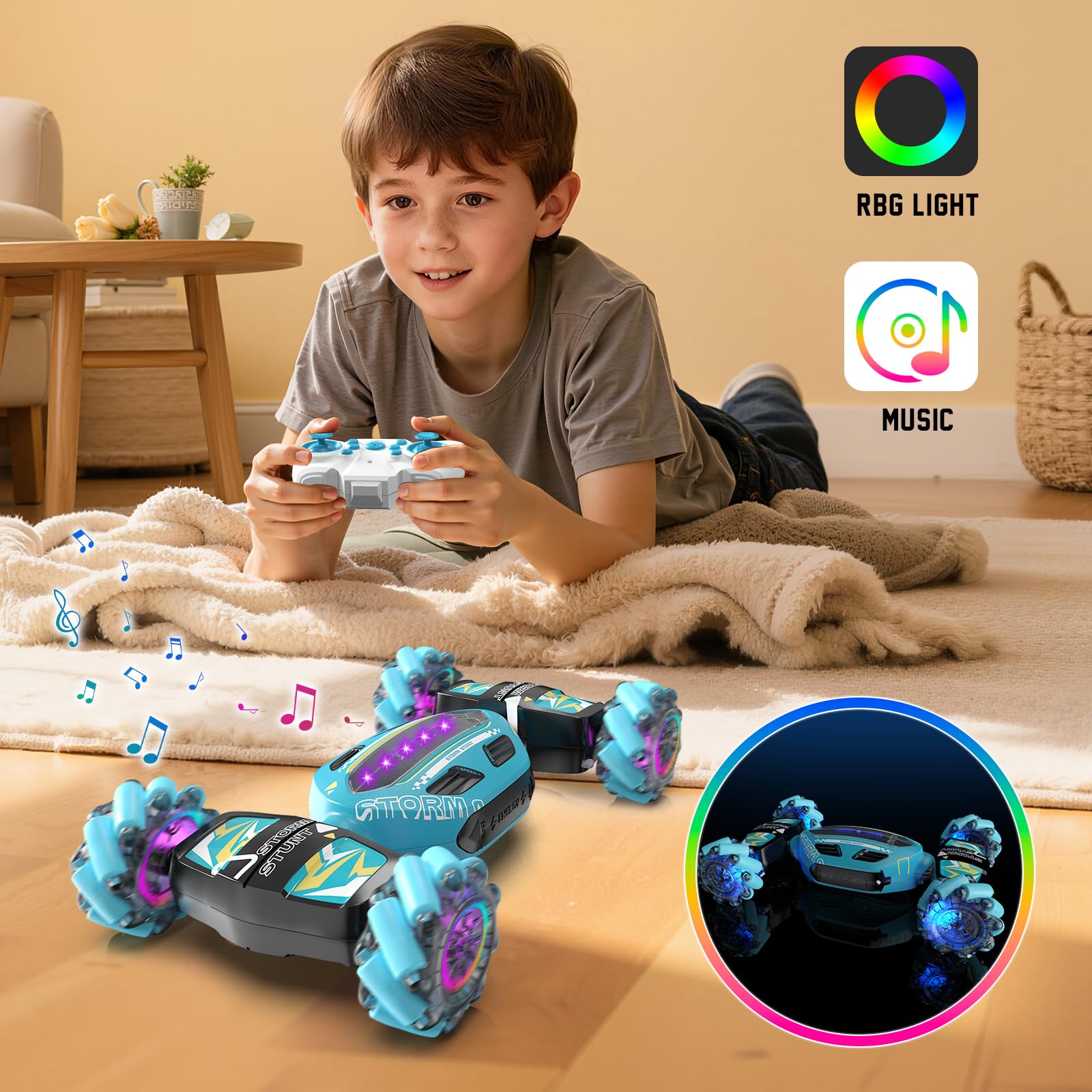JSDOOGOO gesture sensing RC stunt car sky blue side view for action on stairs and carpet