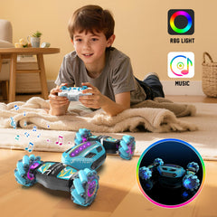 JSDOOGOO gesture sensing RC stunt car sky blue side view for action on stairs and carpet