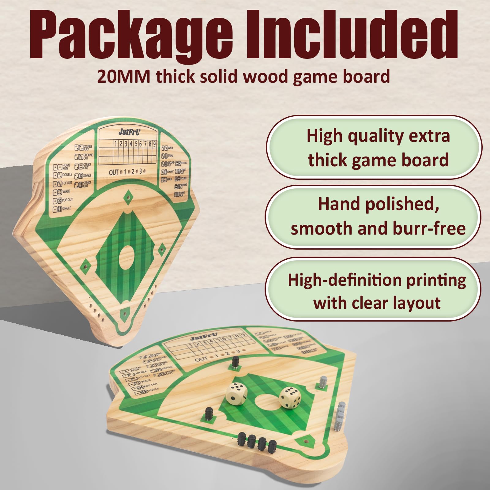 JstFrU Baseball Board Game with ten pieces in two colors for interactive play.