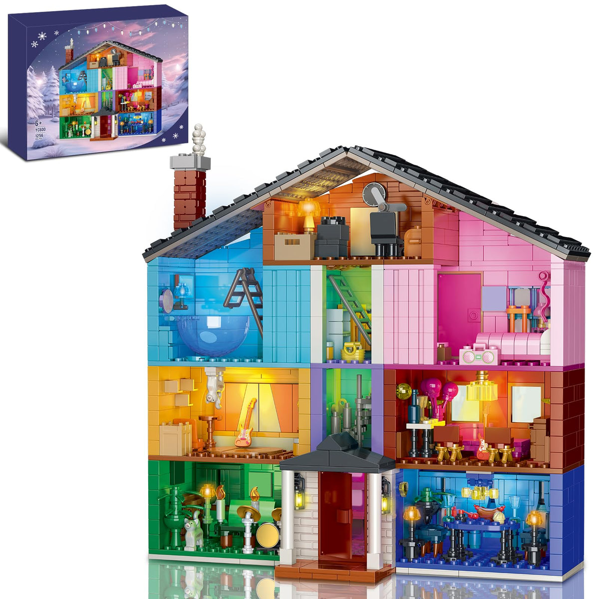 JUALDN house blocks with kitchen scene and warm lighting for cozy play.