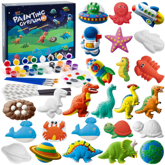 Juboury Kids plaster figurines dinosaurs for imaginative painting and color recognition.