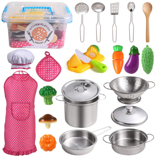 Juboury Kitchen pretend play stainless steel pots with lids spark imaginative cooking sessions.