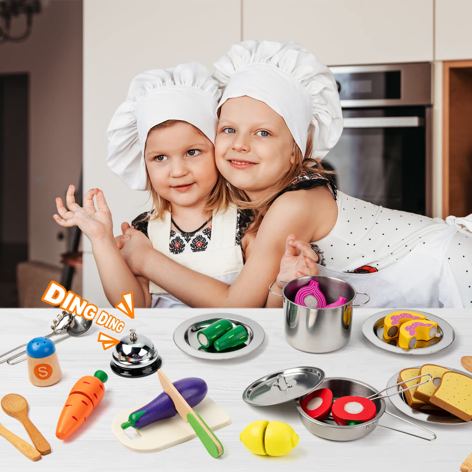 Juboury stainless pots and lids with bell for interactive play