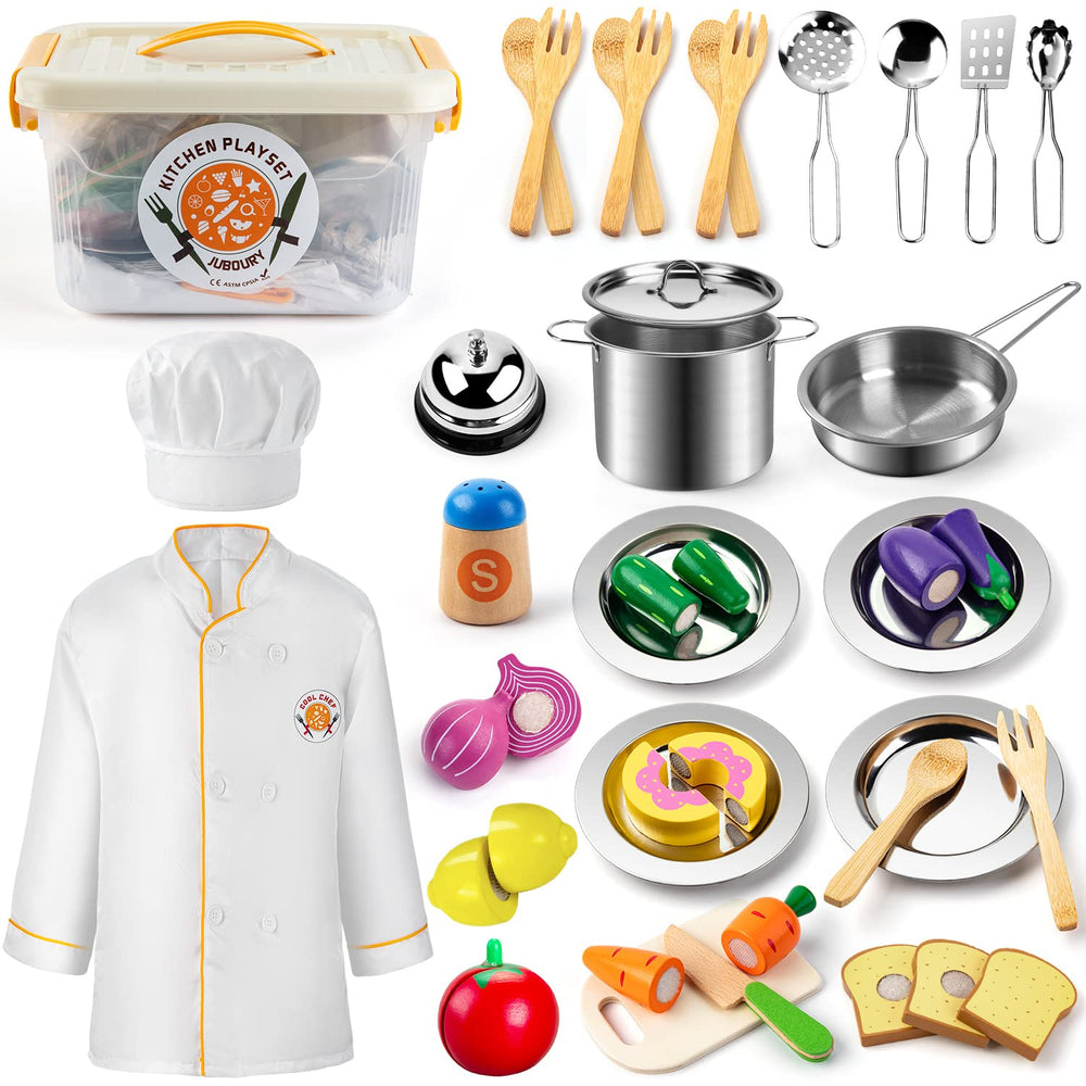 Juboury pretend play kitchen set with stainless pots for realistic cooking