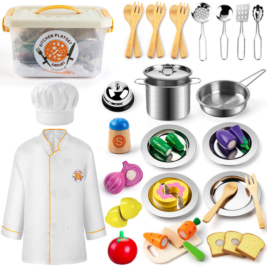 Juboury pretend play kitchen set with stainless pots for realistic cooking