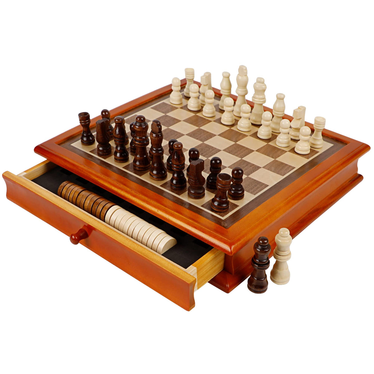 Juegoal 12-Inch wooden chess board with drawer for easy piece storage during play