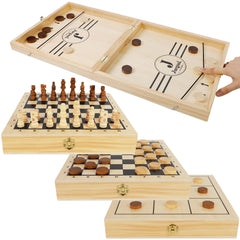 Juegoal 4-in-1 wooden fast sling puck board open for family play and learning