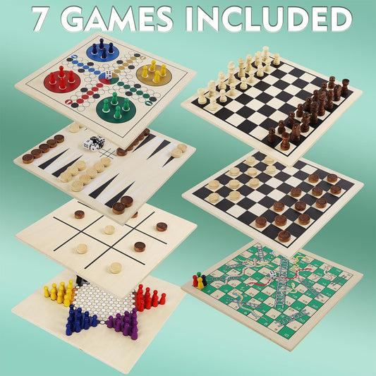 Juegoal 7-in-1 wooden board game set with checkers for quick play
