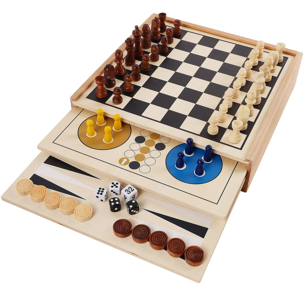 Juegoal 7-in-1 wooden board game set with chess for family night
