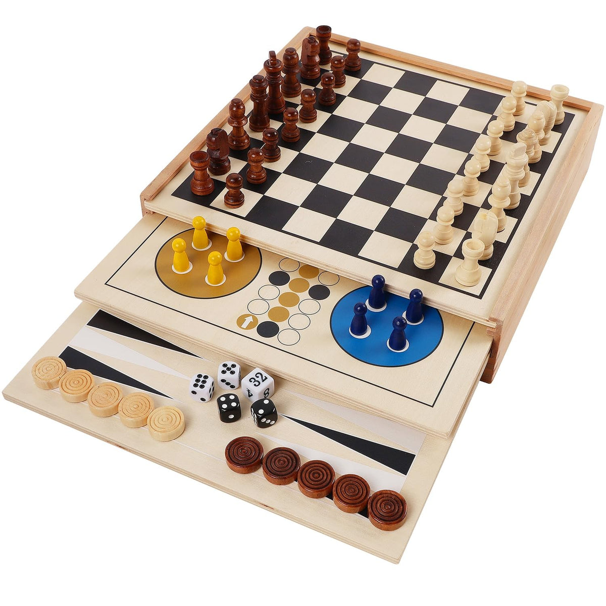 Juegoal 7-in-1 wooden board game set with chess for family night