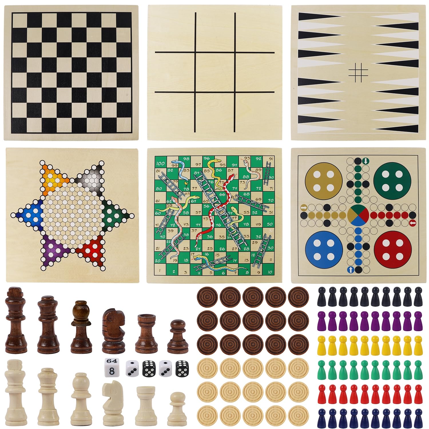 Juegoal 7-in-1 wooden board game set highlighting compact travel box