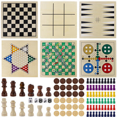 Juegoal 7-in-1 wooden board game set highlighting compact travel box