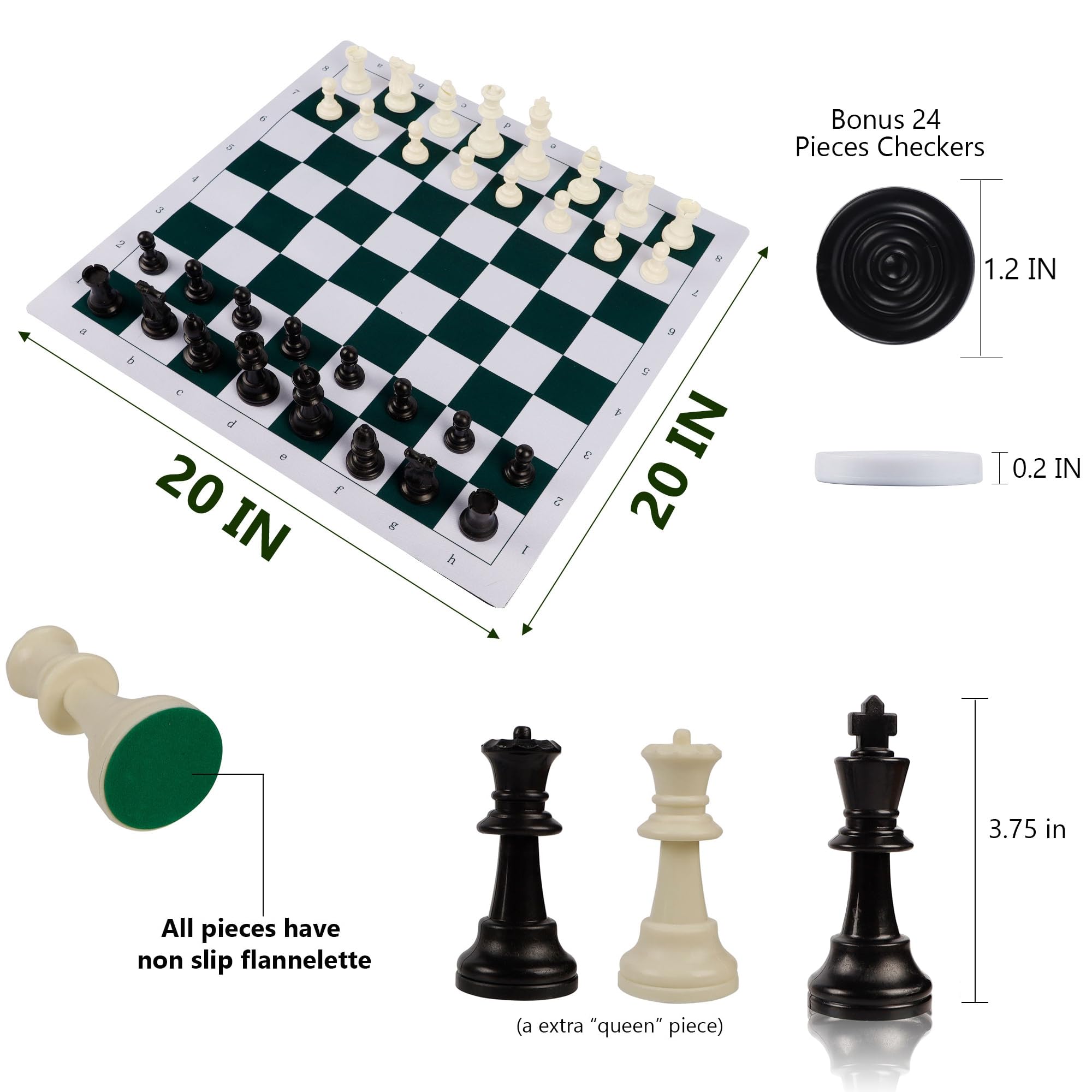 Includes 32 chess pieces and 24 checkers for complete games.