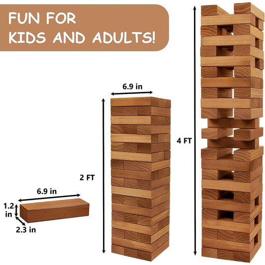 Juegoal giant tumble tower gameboard shows setup for group play