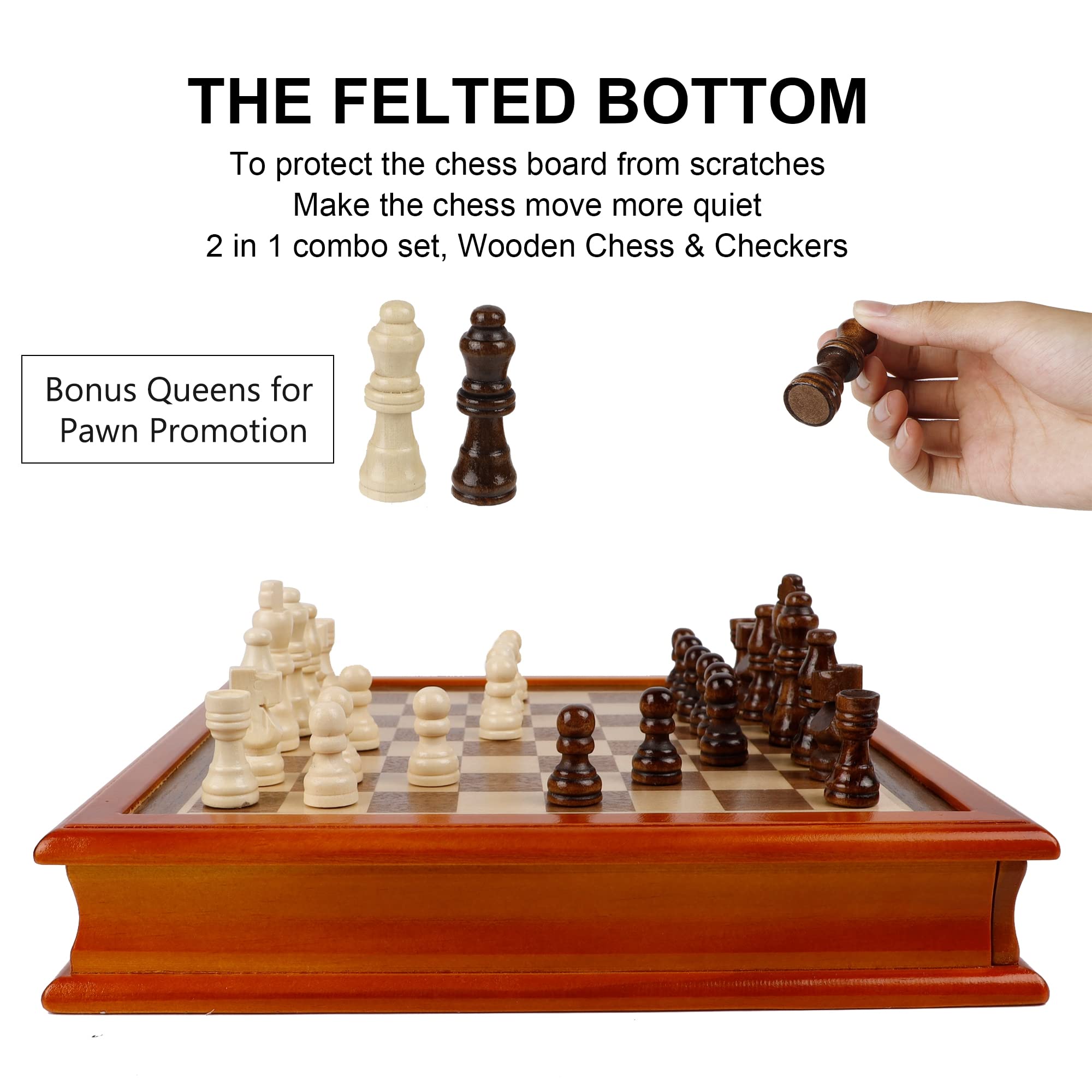 Juegoal handcrafted pine chess pieces gleam with a smooth finish and anti-scratch velvet pads