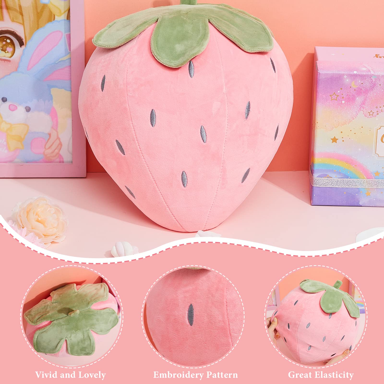 Juexica strawberry pillow pink closeup shows soft fabric and plush fill