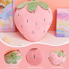 Juexica strawberry pillow pink closeup shows soft fabric and plush fill
