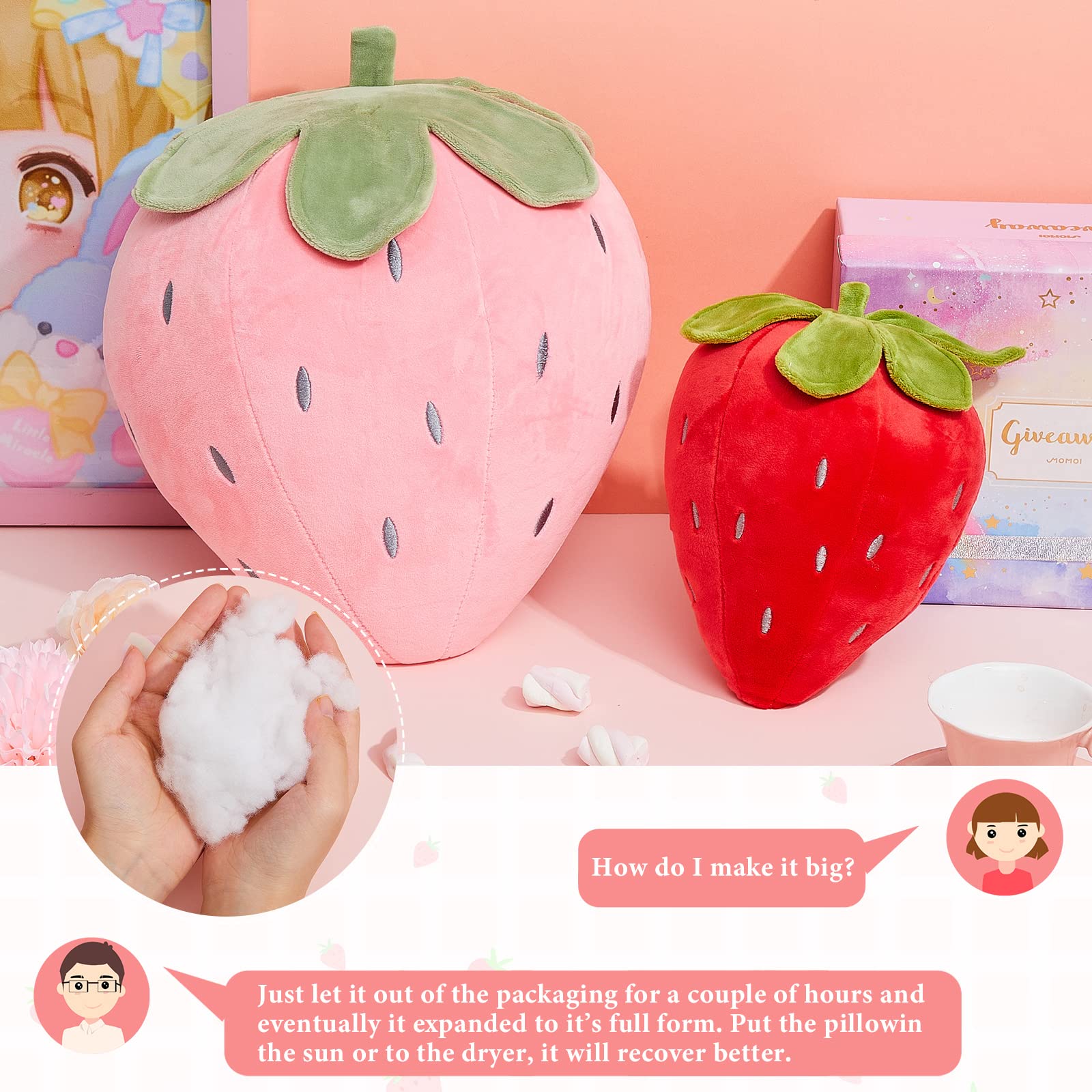 Juexica strawberry pillow red closeup highlights fluffy texture