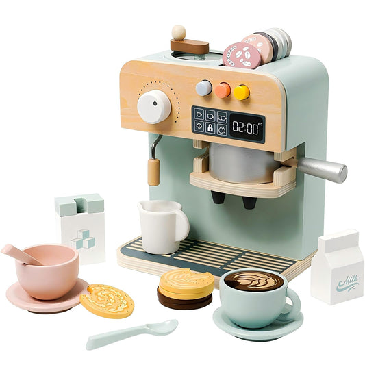 Jugueteland kids coffee maker toy with wooden design for imaginative pretend play and fine motor skills.