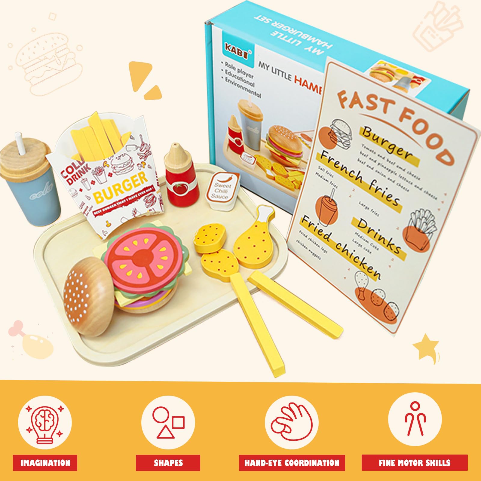 JugueteLand wooden fries and tray ideal for pretend meals and social role play