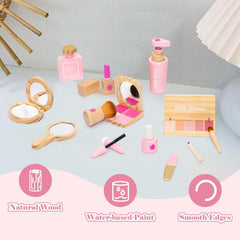 Wooden makeup brush included for realistic, fine-motor play.