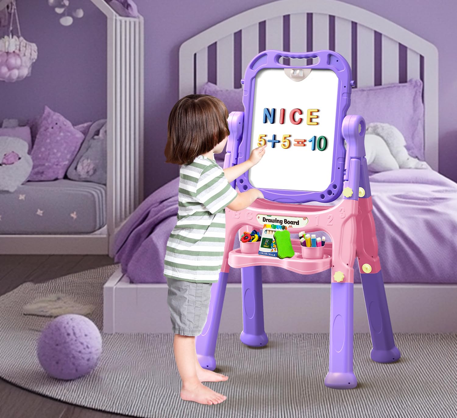 Juivin magnet tiles teach letters and numbers during play.