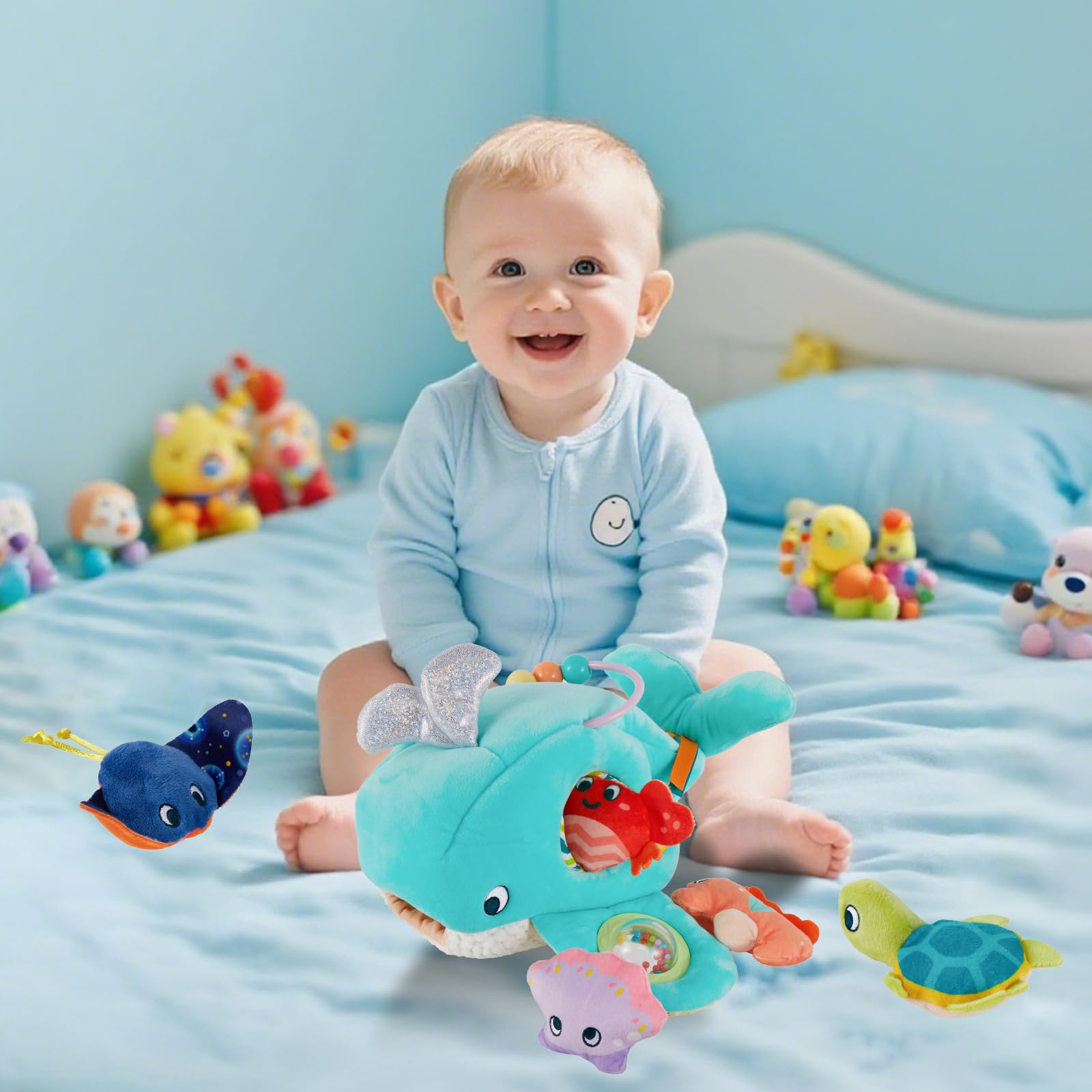 Juivin Ocean Whale hanging loops allow stroller or crib portability.
