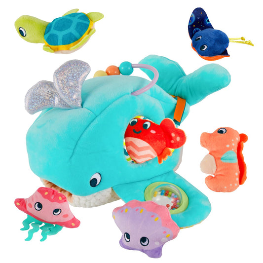 Juivin Ocean Whale soft rattle playset for infants fosters early tactile exploration.