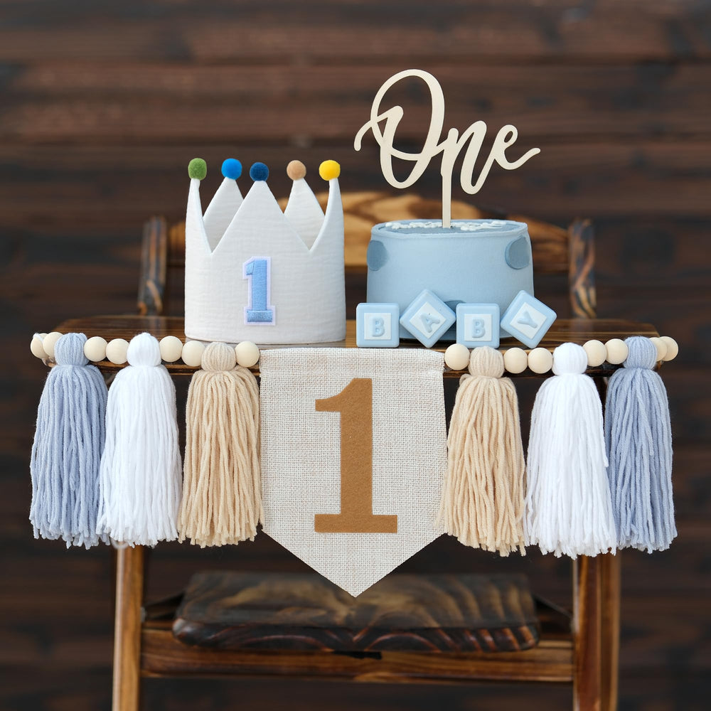 Juizay blue high chair banner enhances first birthday photos and decor