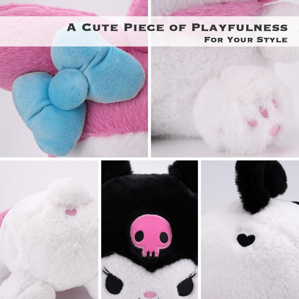 Juju Goods pink kawaii plush cuddling scene suggests soft companion for relaxation.