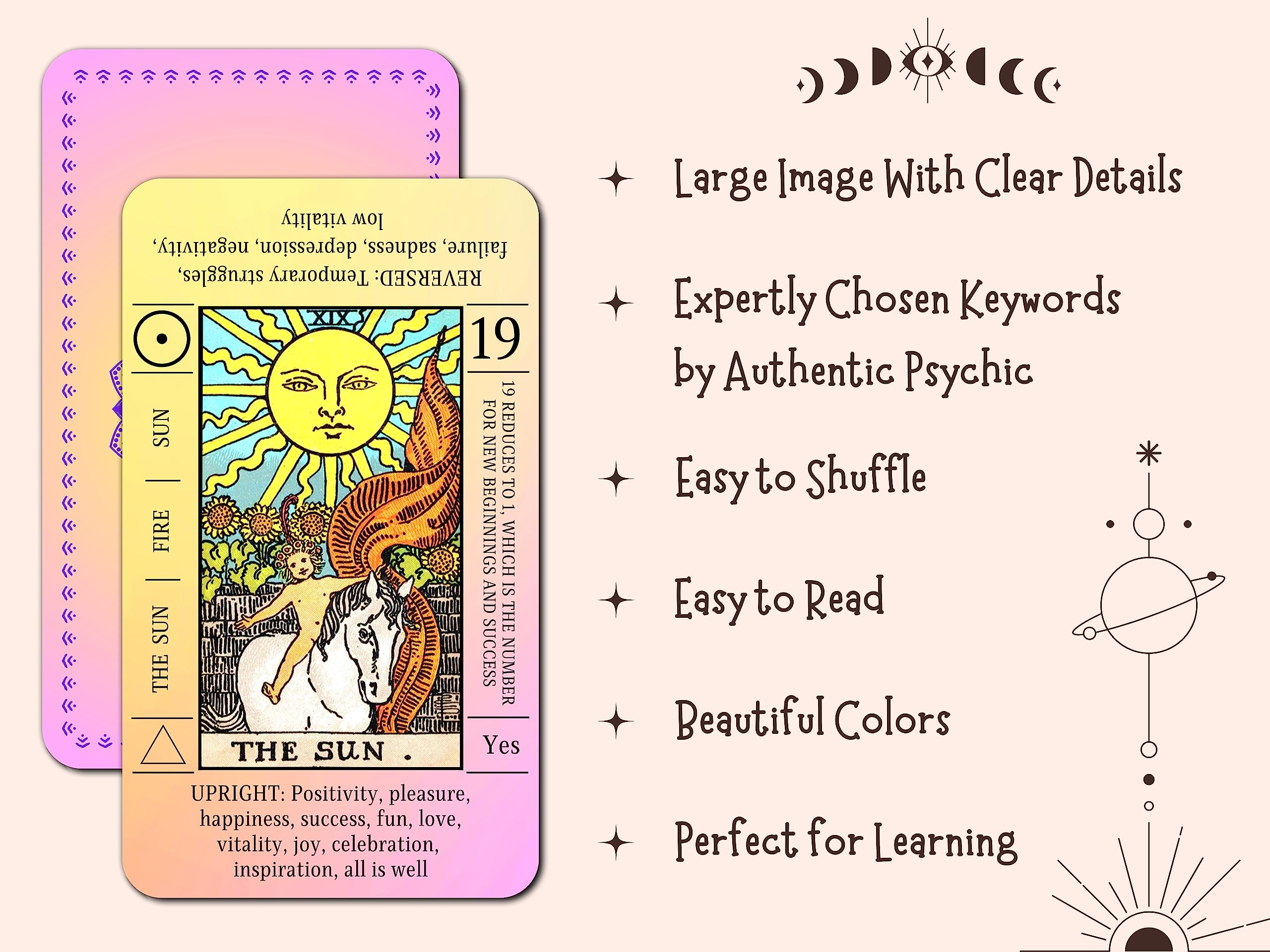 JUJU'S VIBES Sunset Tarot Deck reversed colors clearly distinguish upright and reversed meanings.