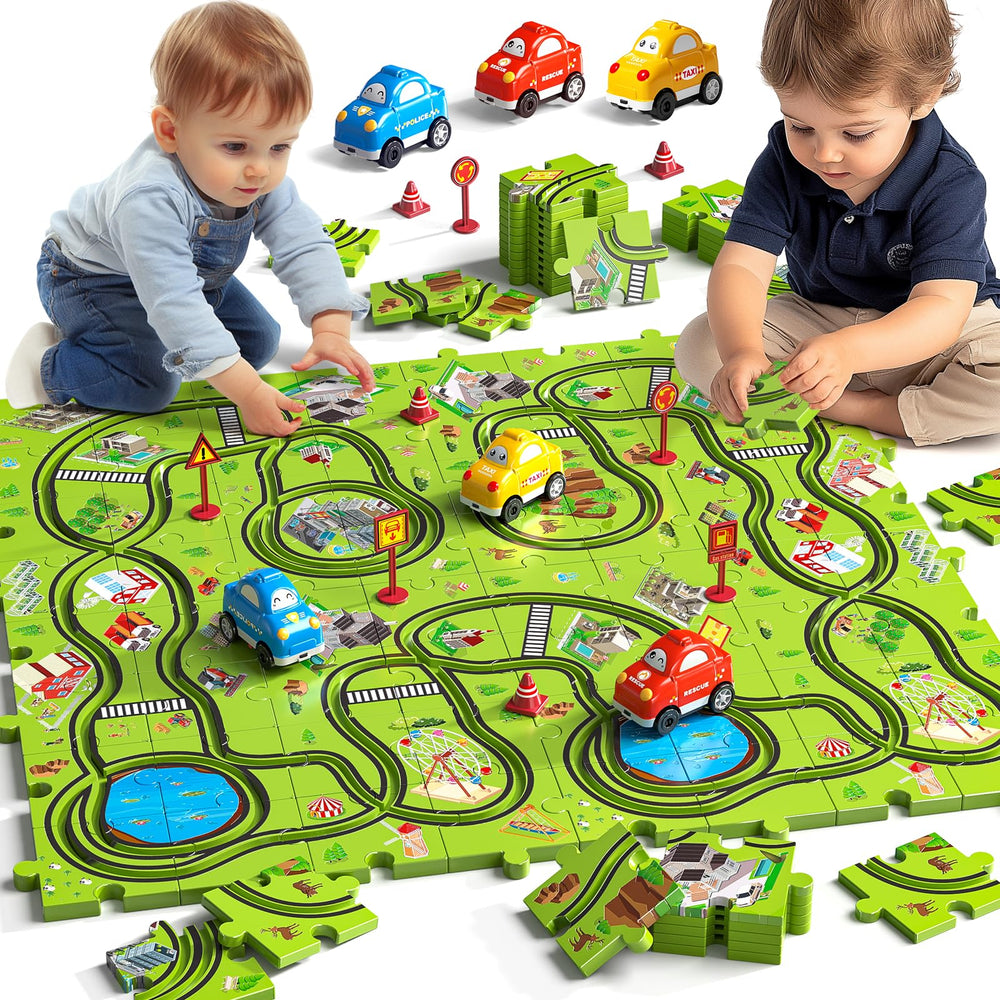 Jukudahu 64-piece puzzle race track set for immersive racing playtime.