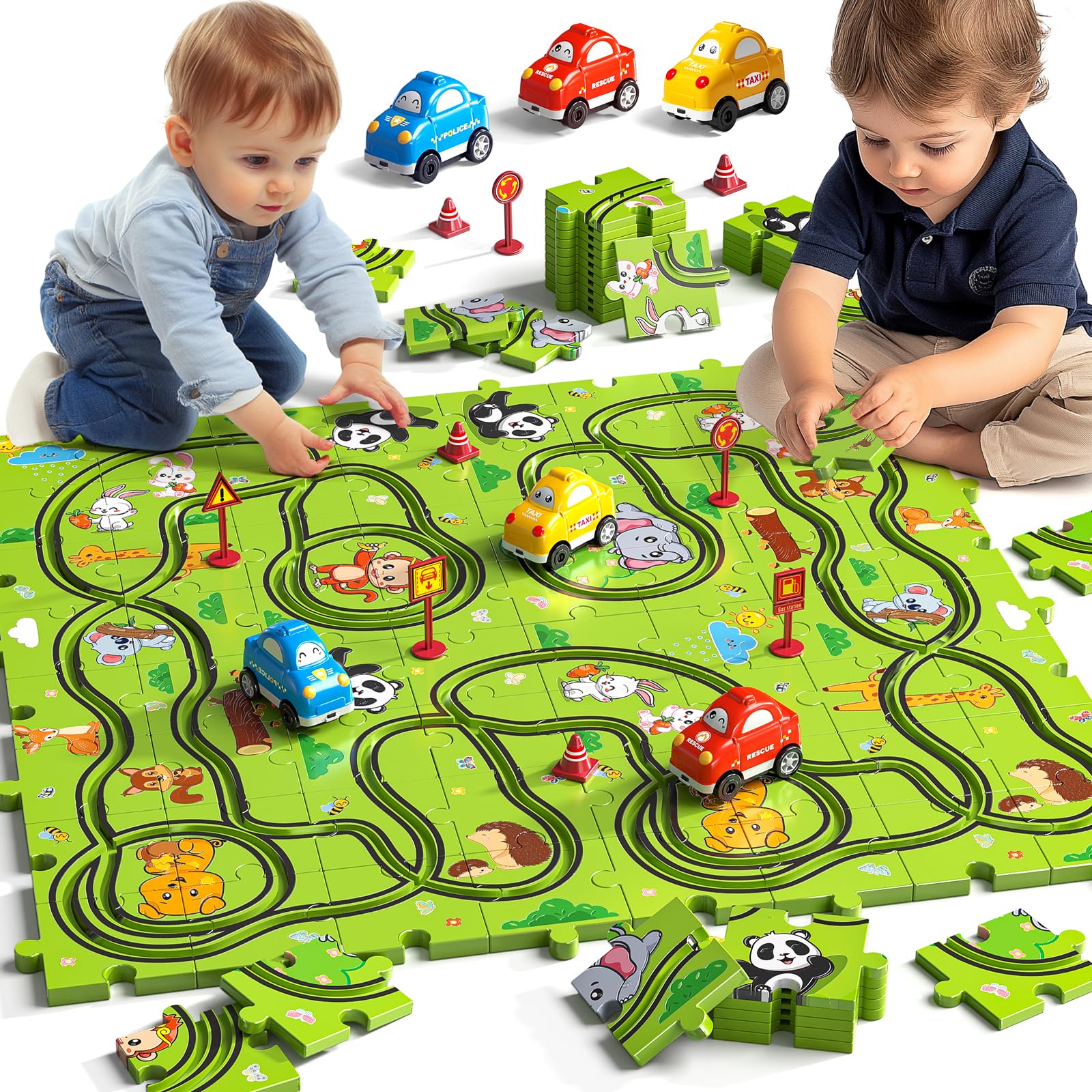 JUKUDAHU 64-piece puzzle race-track base for creative building sessions