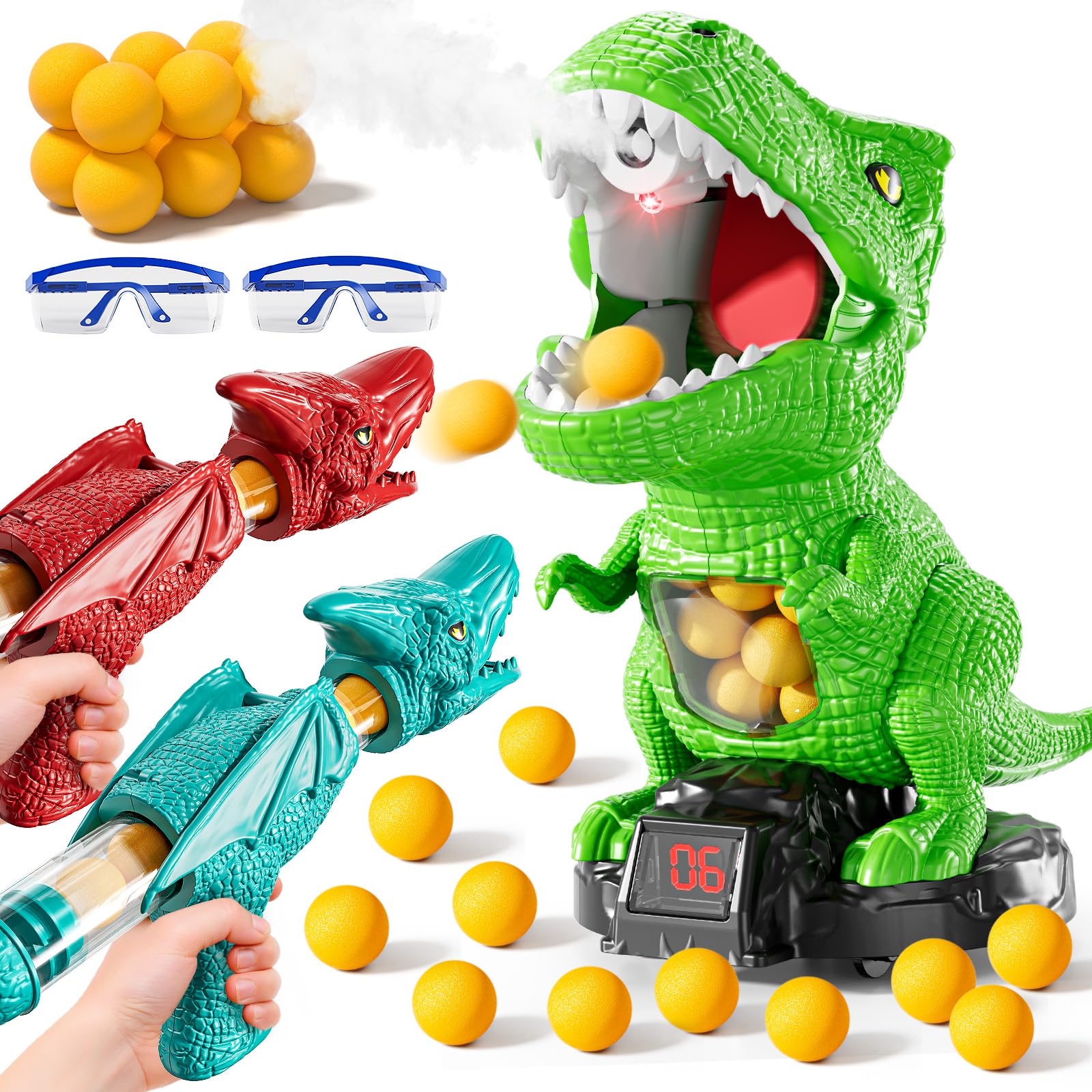 JUKUDAHU dinosaur shooting toy box set with accessories, ideal for gifting and family play.