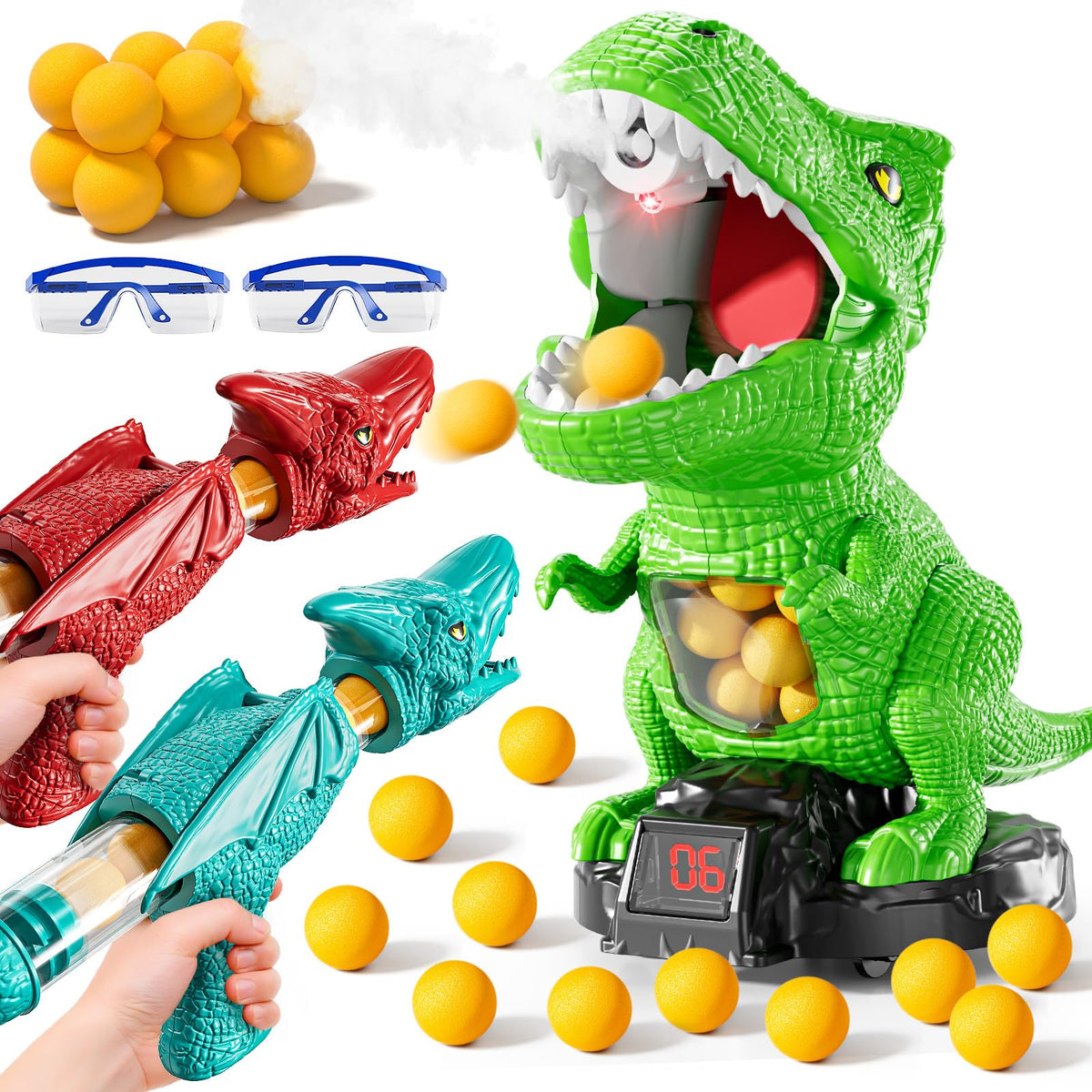 JUKUDAHU dinosaur shooting toy box set with accessories, ideal for gifting and family play.